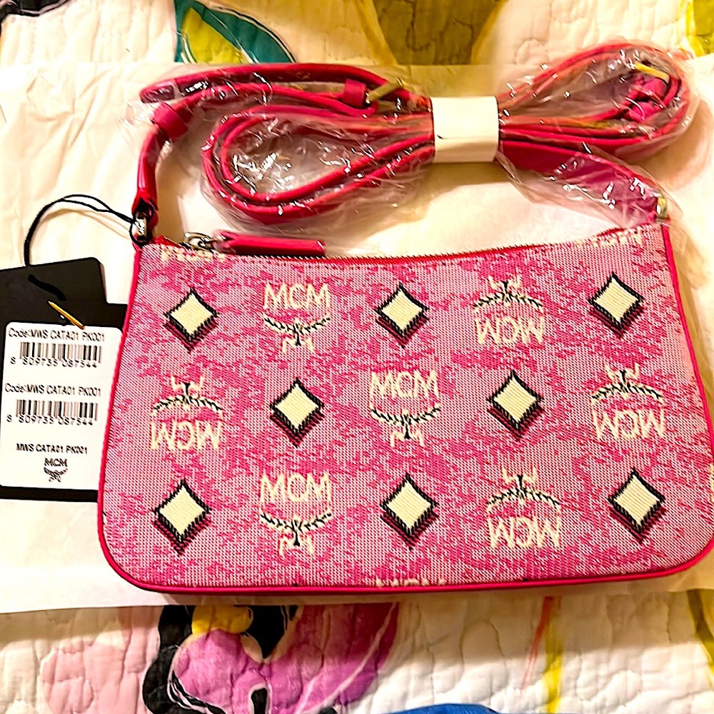 MCM Portuna Mini Shoulder Bag in distressed monogram nylon, cottonand polyester